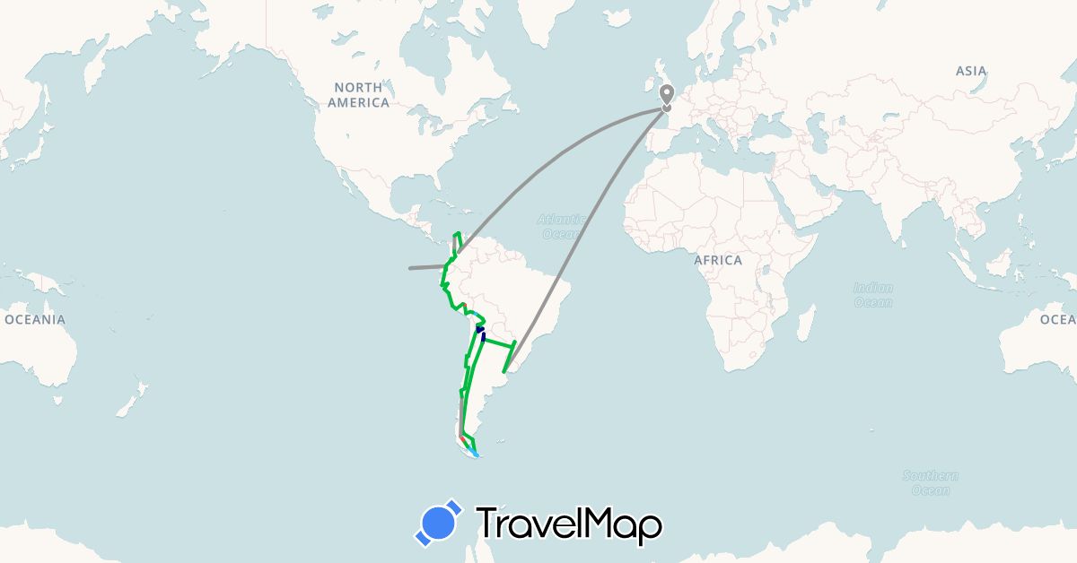 TravelMap itinerary: driving, bus, plane, hiking, boat in Argentina, Bolivia, Chile, Colombia, Ecuador, France, Peru (Europe, South America)